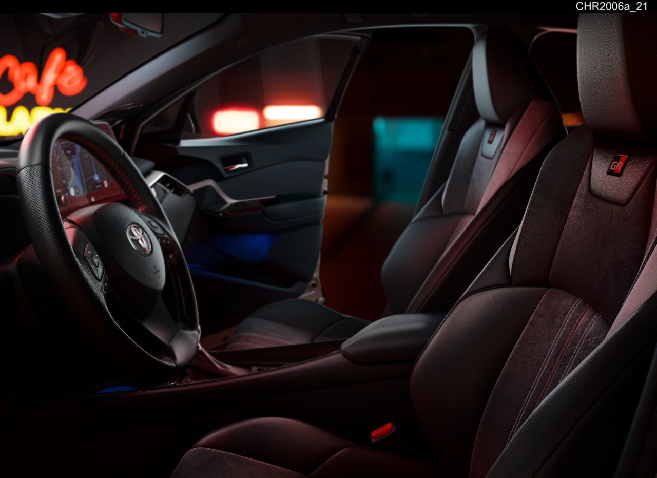 "Front sports seats in Black Alcantara® with black leather bolsters and silver & red stitching"	
