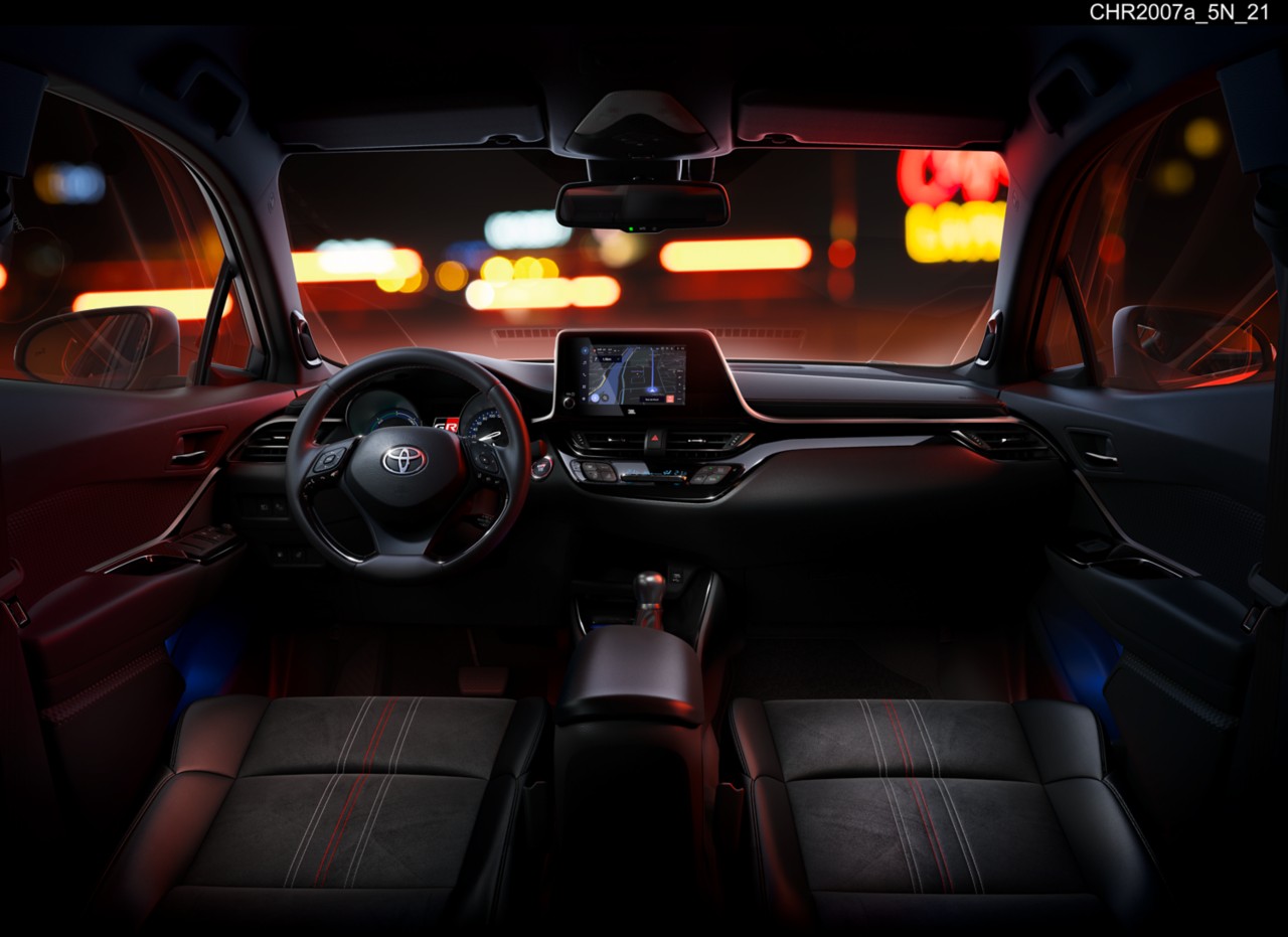 "Cockpit showing  seats in Black Alcantara® with black leather bolsters and silver & red stitching and Toyota Smart Connect"	